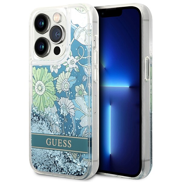 Guess Flower Liquid Glitter-etui til iPhone 14 Pro Max - grøn