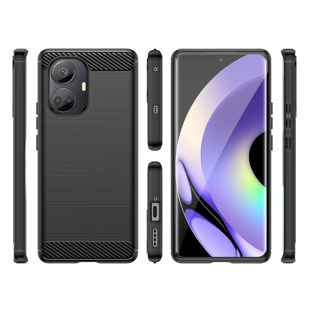 Carbon Case etui til Realme 10 Pro+ fleksibelt silikone carbon cover sort