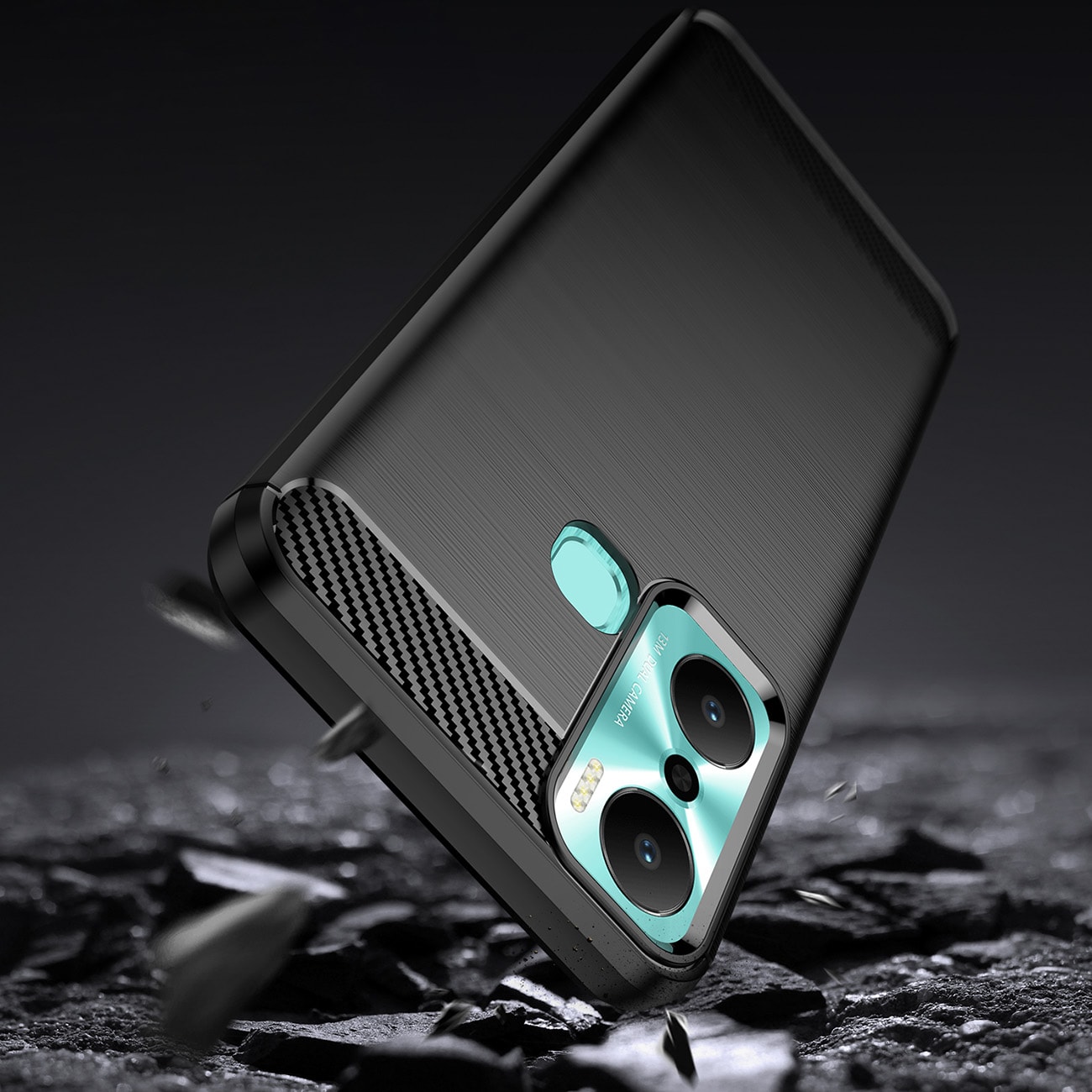 Carbon Case etui til Infinix Hot 20 Play fleksibelt silikone carbon cover sort