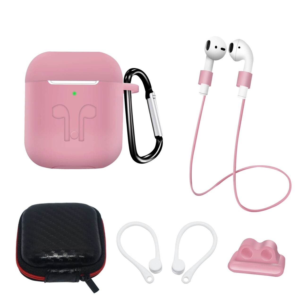 AirPods 2/1 silikoneetui + etui/ørekrog/halsrem/urremsholder/karabinhage - pink