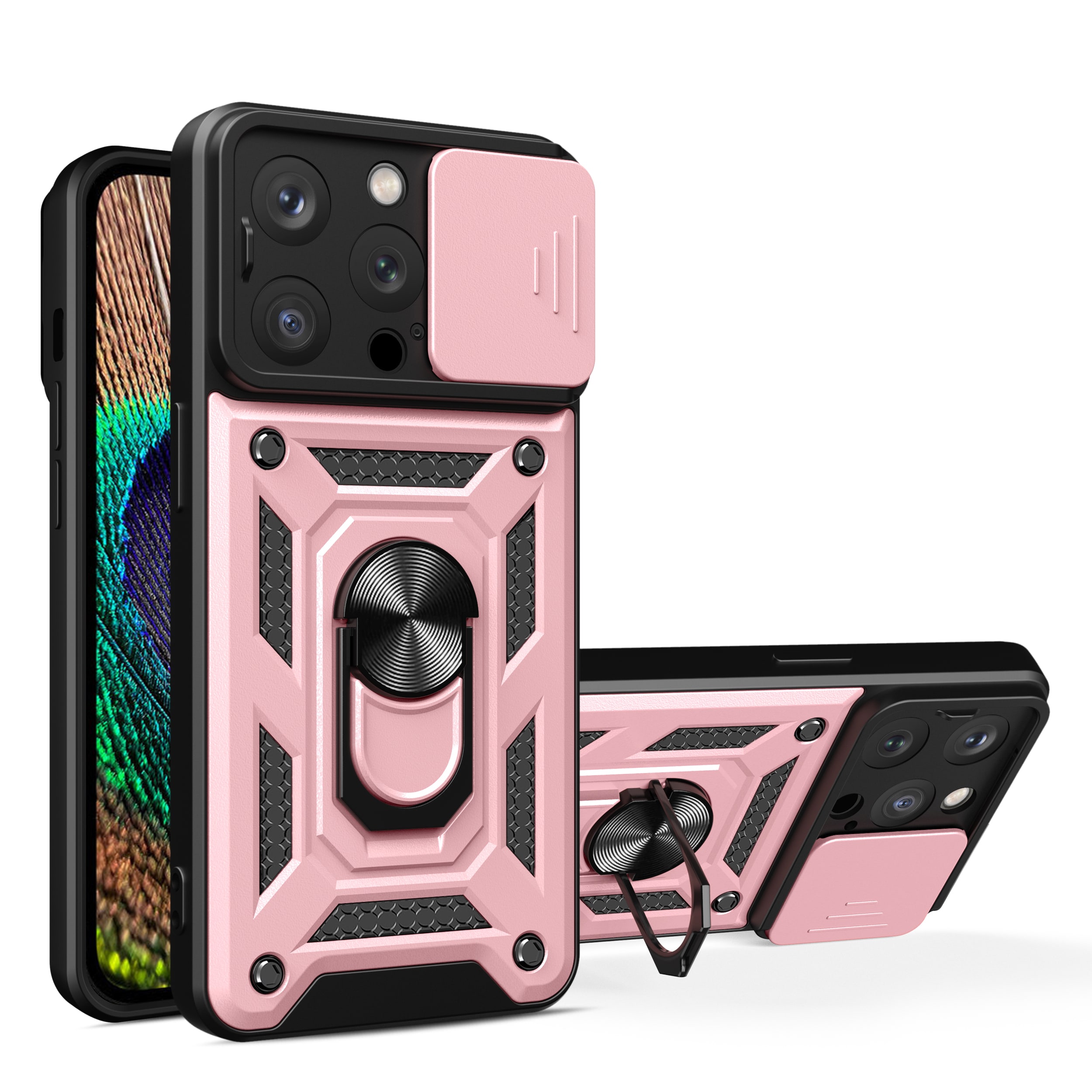 Hybrid Armor Camshield-etui med stativ og kameradæksel til iPhone 15 Pro - pink