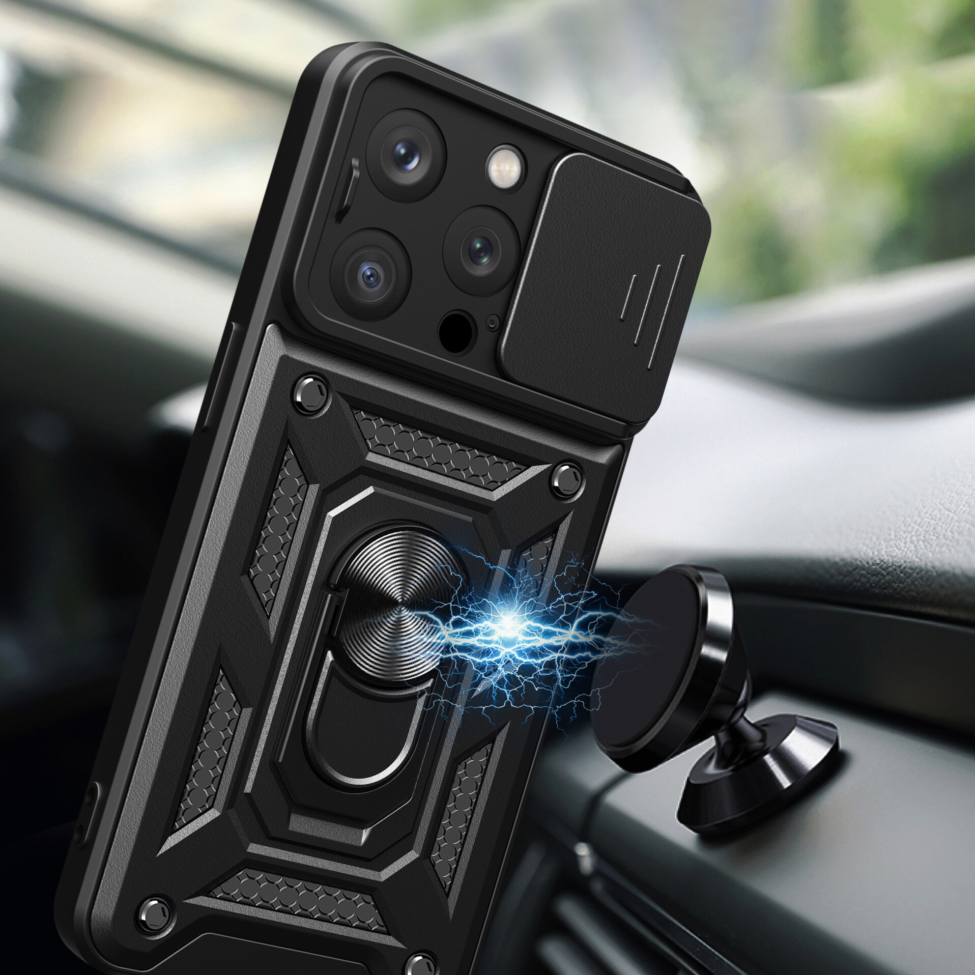 Hybrid Armor Camshield iPhone 15 Pro-etui med kickstand og kameradæksel - Blå
