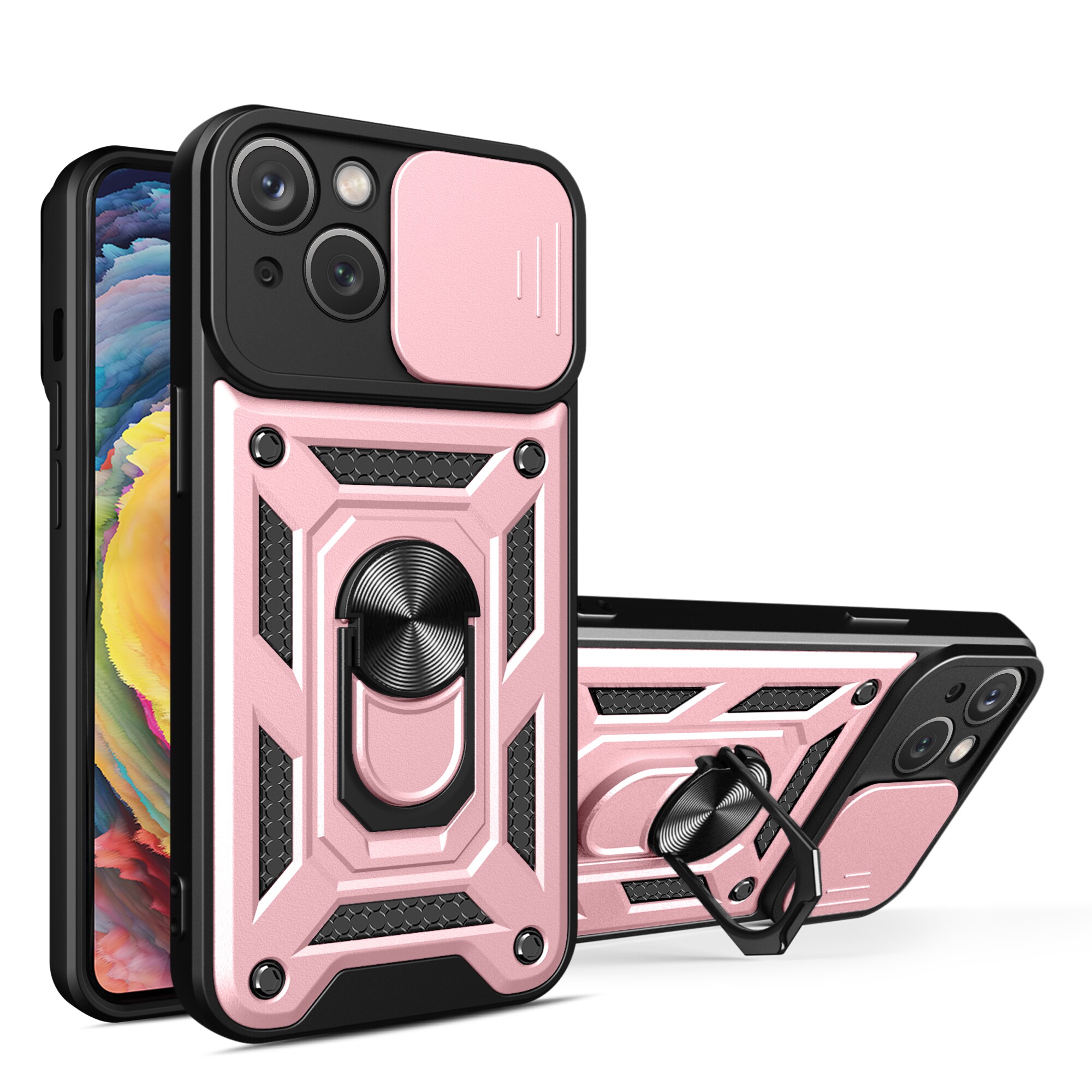 Hybrid Armor Camshield-etui med stativ og kameradæksel til iPhone 15 Plus - Pink