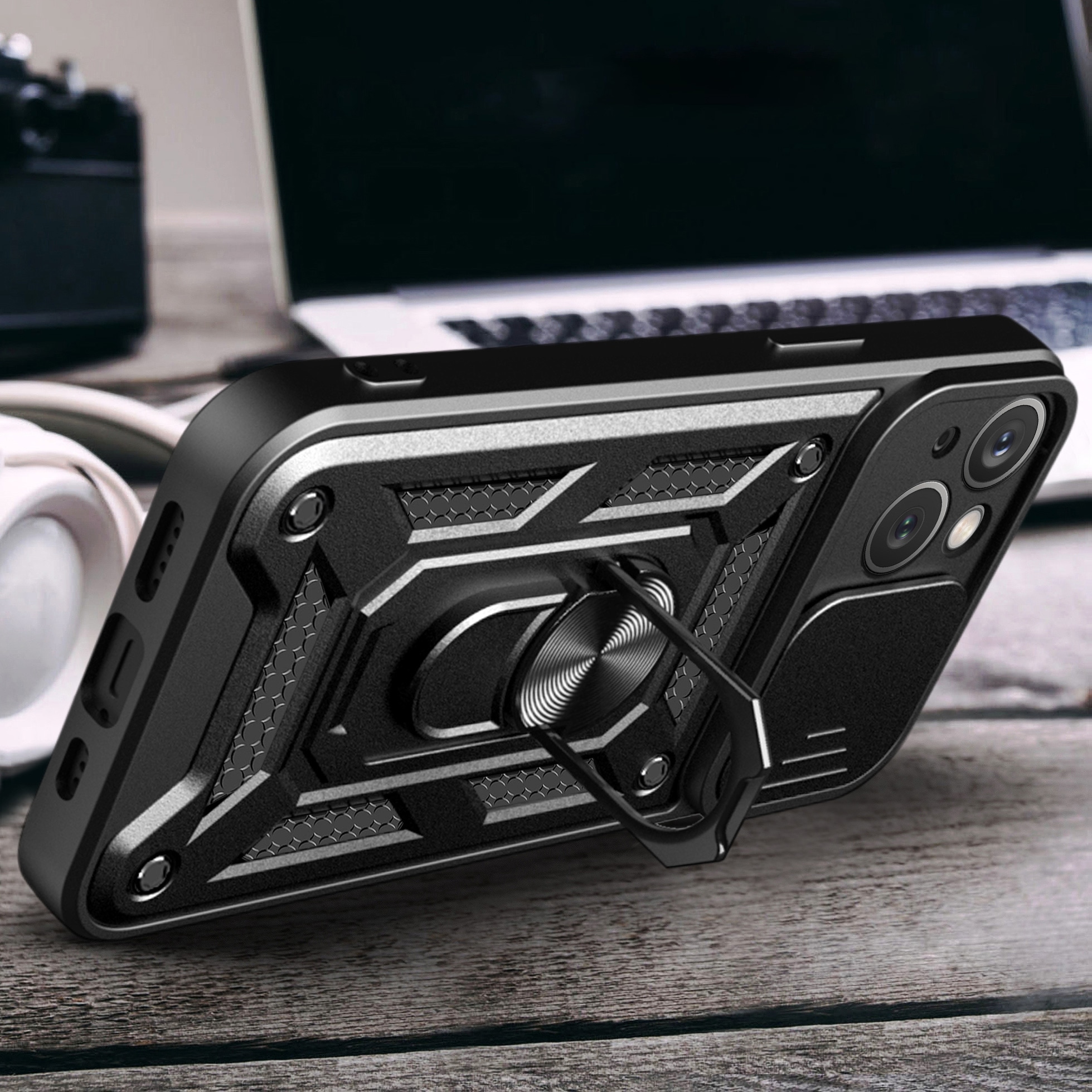 Hybrid Armor Camshield-etui med stativ og kameradæksel til iPhone 15 Plus - Pink