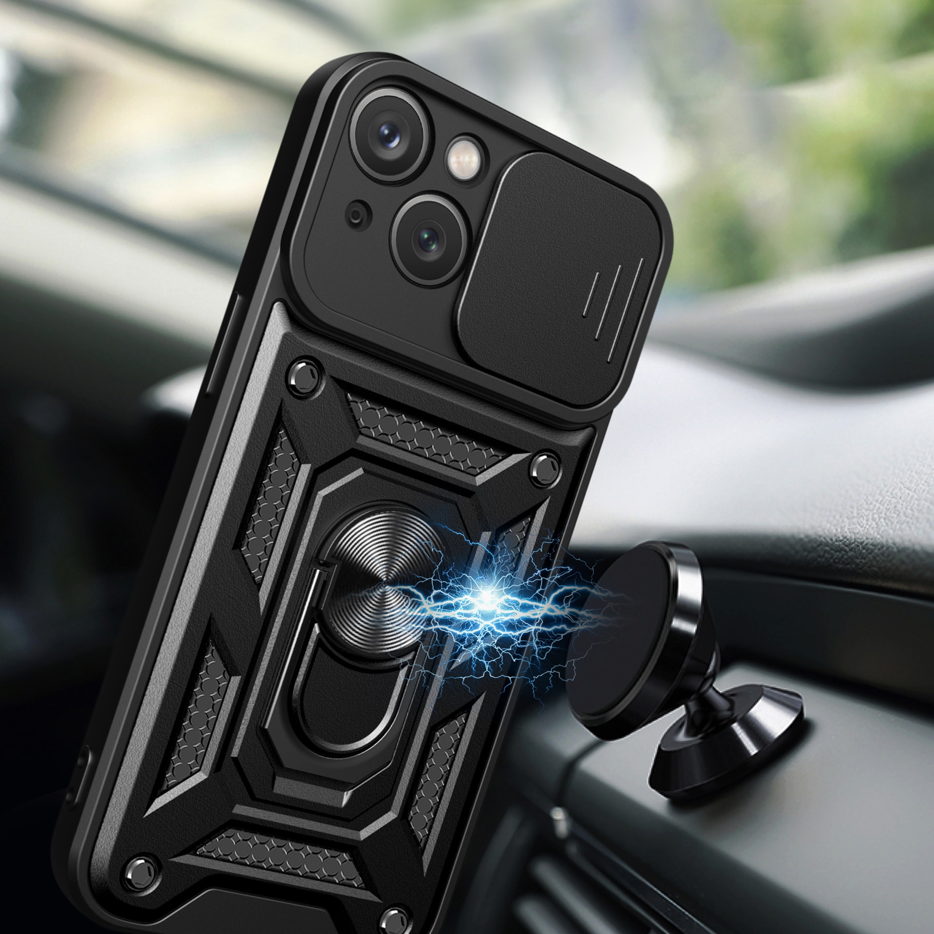 Hybrid Armor Camshield-etui med stativ og kameradæksel til iPhone 15 Plus - Blå