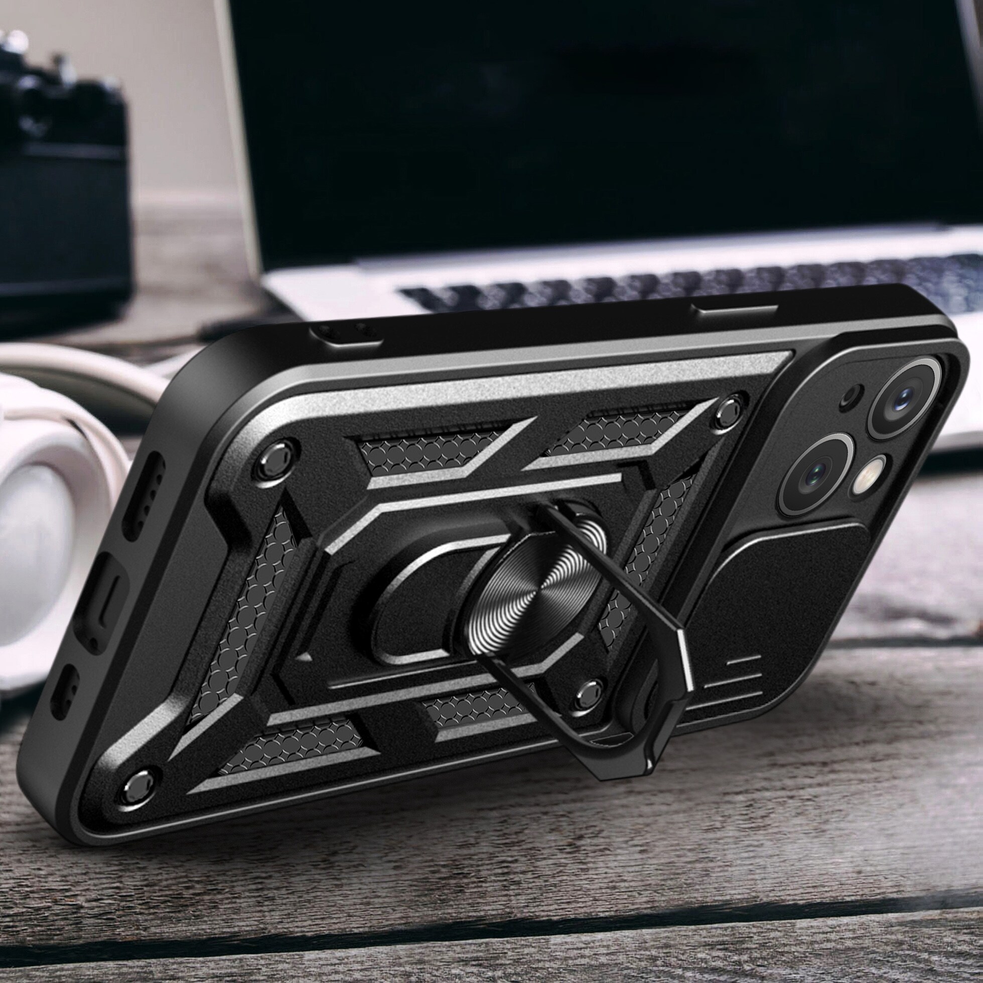 Hybrid Armor Camshield-etui med stativ og kameradæksel til iPhone 15 Plus - Blå