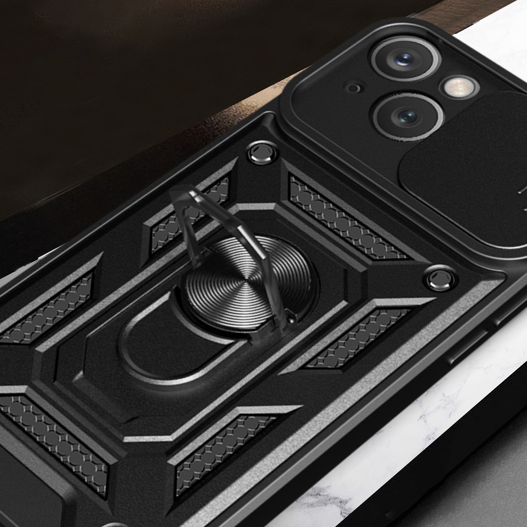 Hybrid Armor Camshield-etui med stativ og kameradæksel til iPhone 15 Plus - Blå