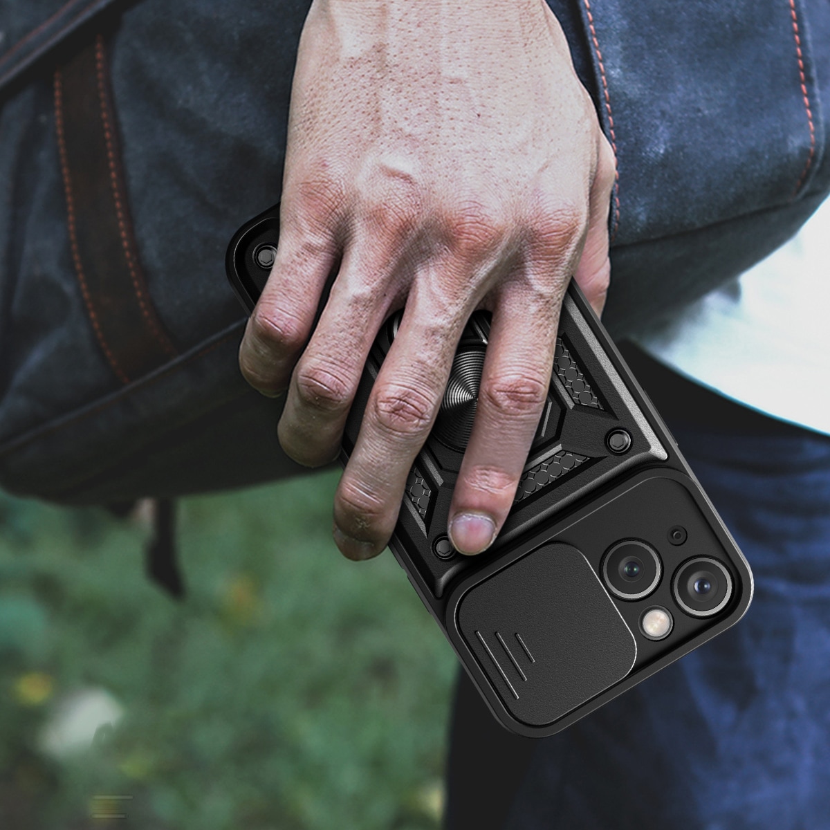 Hybrid Armor Camshield-etui med stativ og kameradæksel til iPhone 15 Plus - Blå