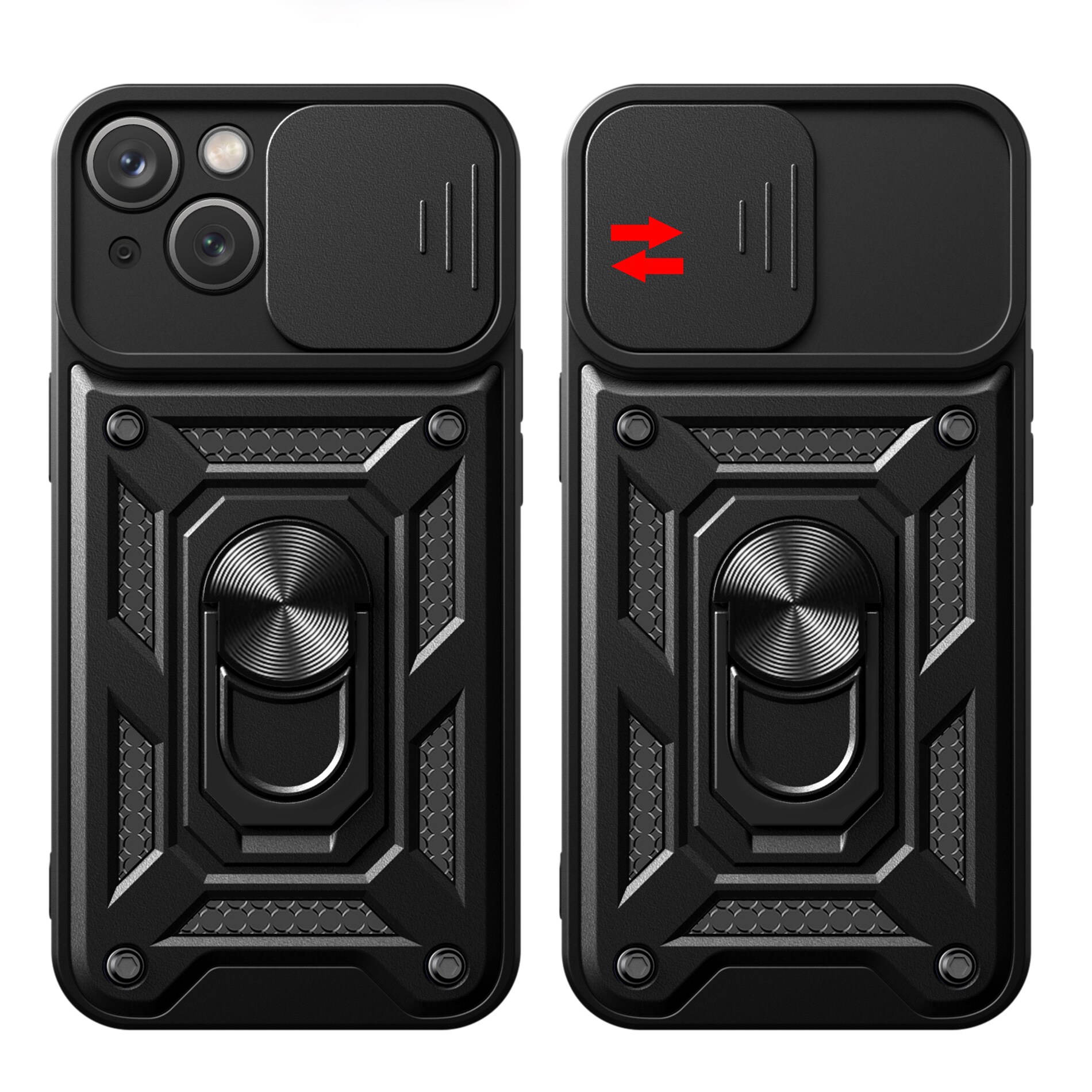 Hybrid Armor Camshield-etui med stativ og kameradæksel til iPhone 15 Plus - Sort