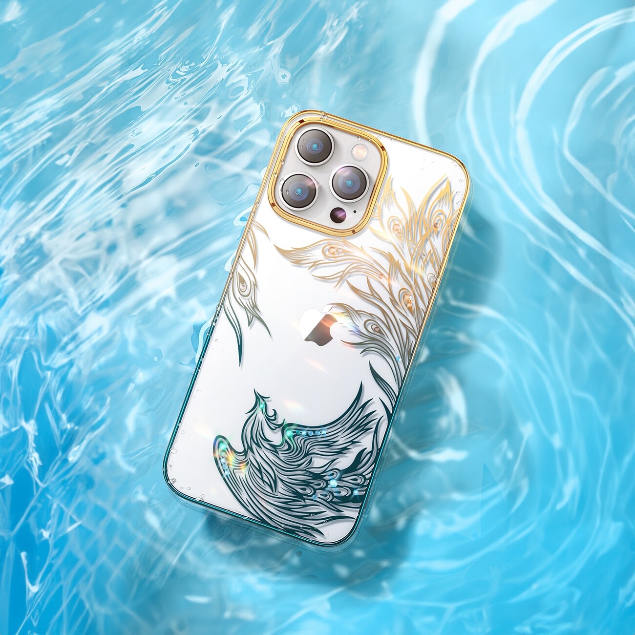 Luksus iPhone 14 Plus-etui med Kingxbar Phoenix-krystaller - guld og blå