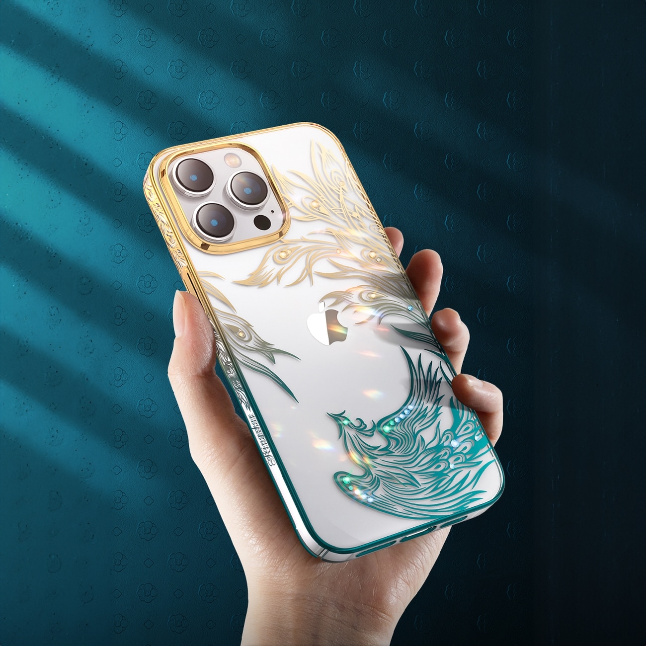 Luksus iPhone 14 Plus-etui med Kingxbar Phoenix-krystaller - guld og blå