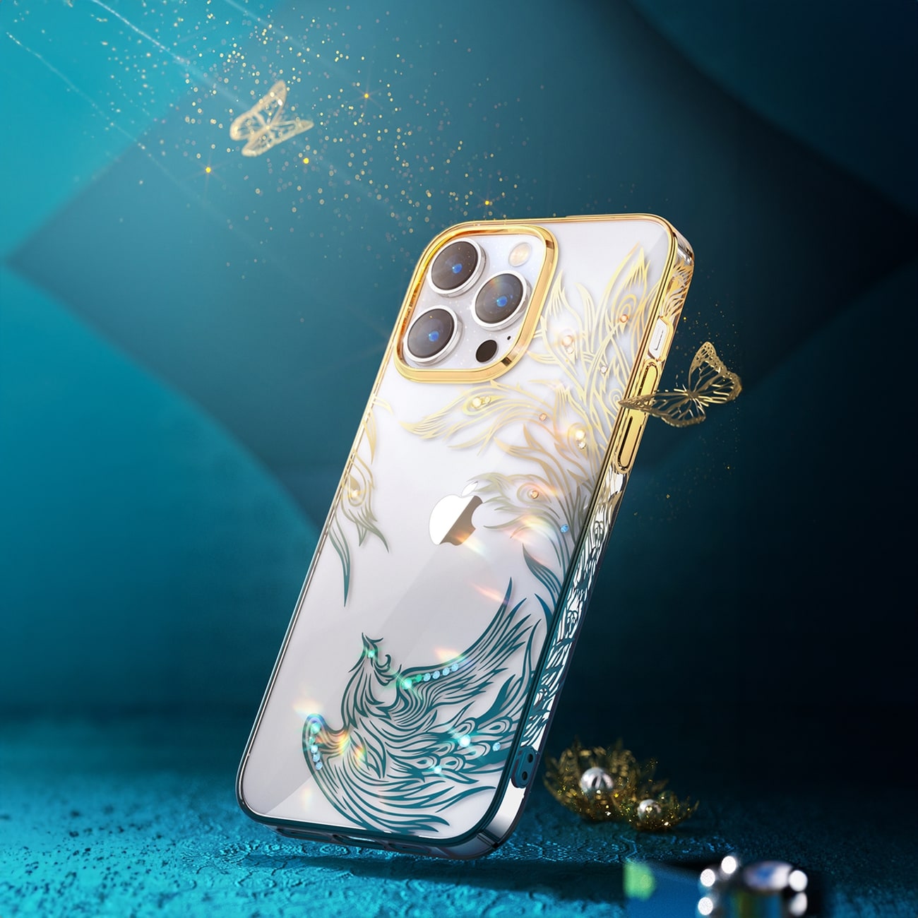 Luksus iPhone 14 Plus-etui med Kingxbar Phoenix-krystaller - guld og blå