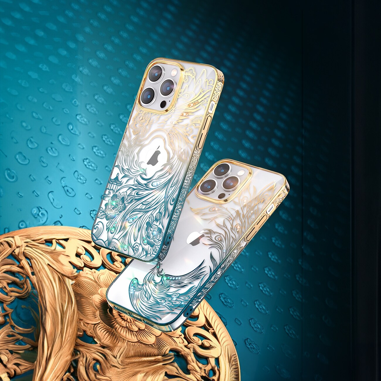 Luksus iPhone 14 Plus-etui med Kingxbar Phoenix-krystaller - guld og blå