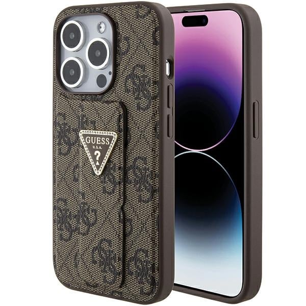Guess Grip Stand 4G Triangle Strass-etui til iPhone 15 Pro - brun
