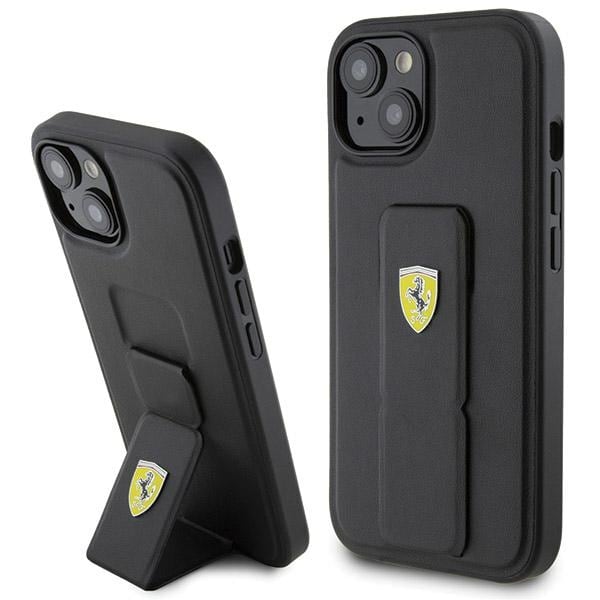 Ferrari Grip Stand Metal Logo etui til iPhone 15 - sort