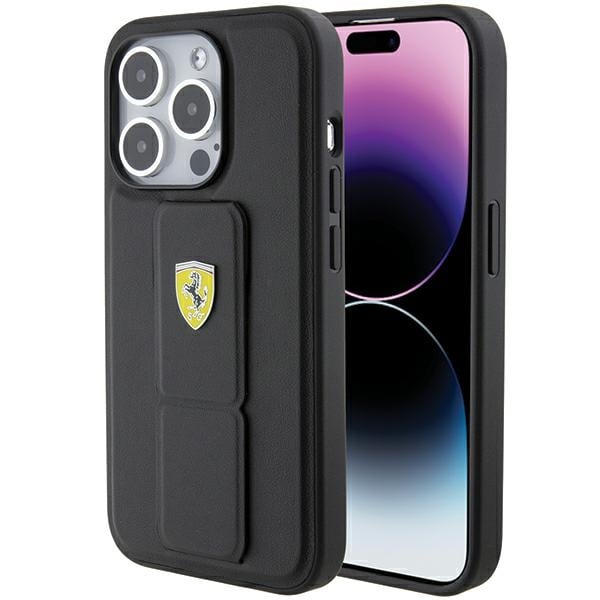 Ferrari Grip Stand Metal Logo etui til iPhone 15 Pro Max - sort