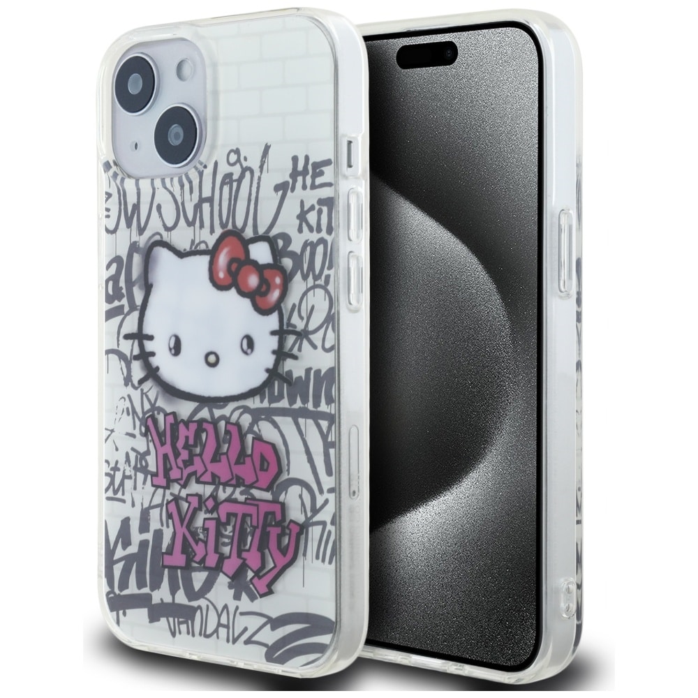 Hello Kitty IML Kitty On Bricks Graffiti-etui til iPhone 15 - hvid