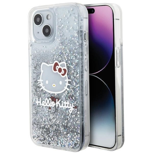 Hello Kitty Liquid Glitter Charms Kitty Head etui til iPhone 15 - sølv