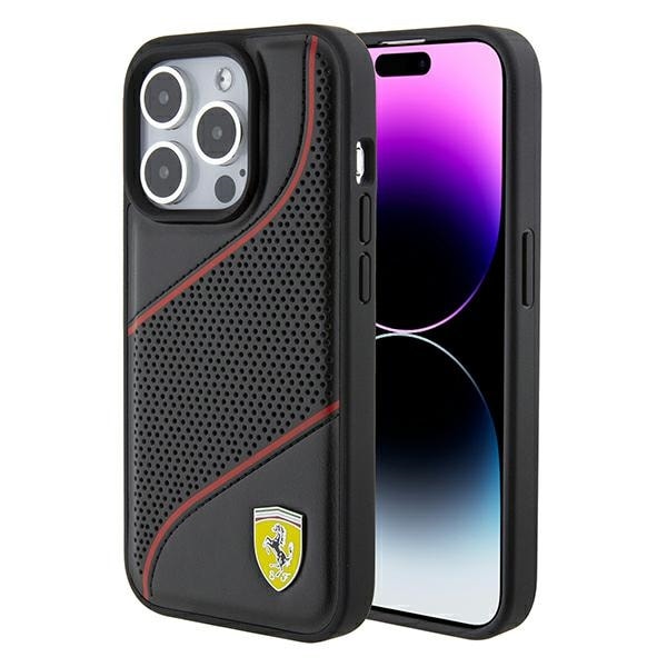 Ferrari Perforeret Waves Metal Logo etui til iPhone 15 Pro - sort