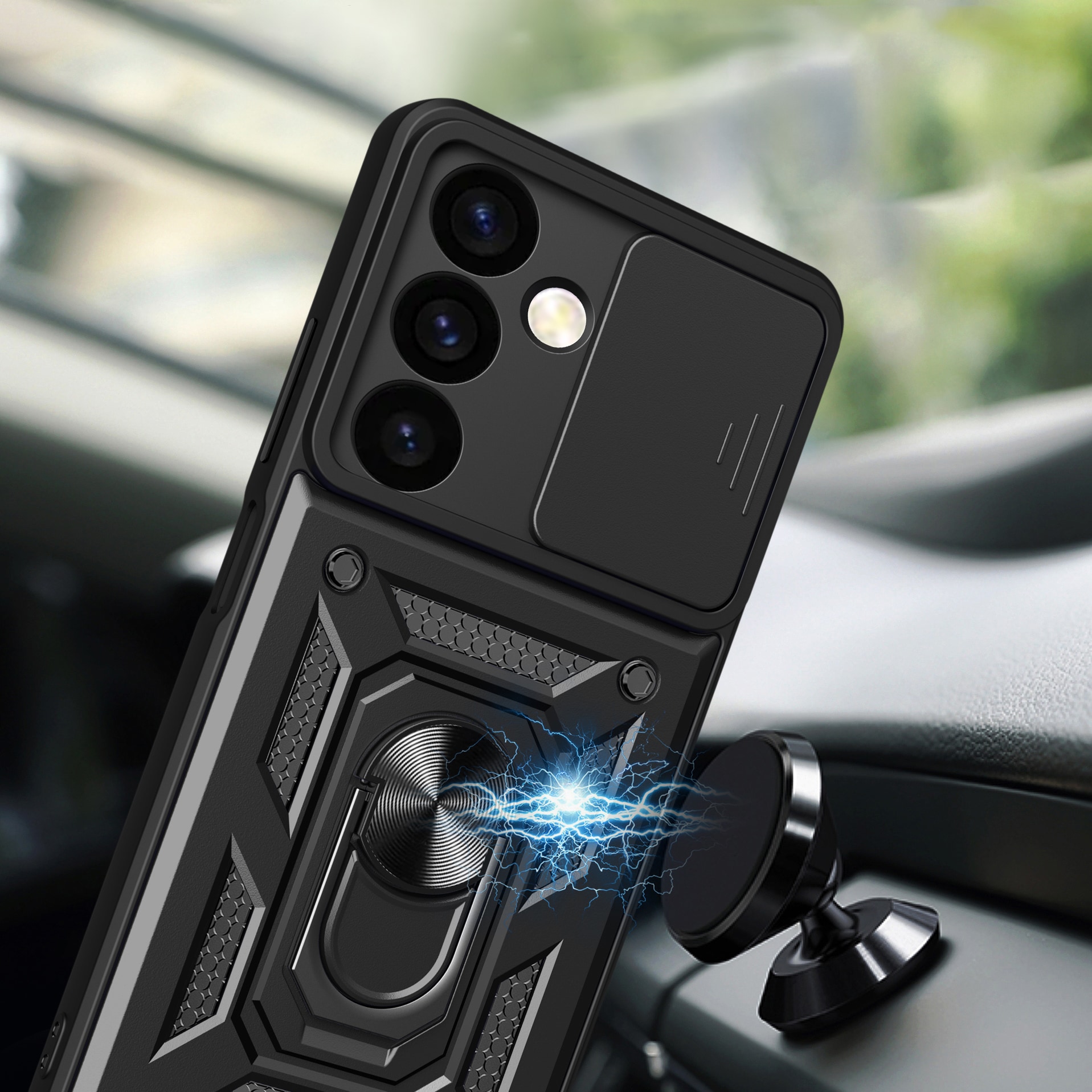 Hybrid Armor Camshield panseret etui til Samsung Galaxy S24+ med kameradæksel - sort