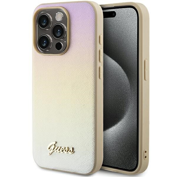 Guess Saffiano Iridescent Script-etui til iPhone 14 Pro Max - guld