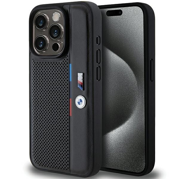 BMW Perforeret Tricolor Line-etui til iPhone 15 Pro - sort