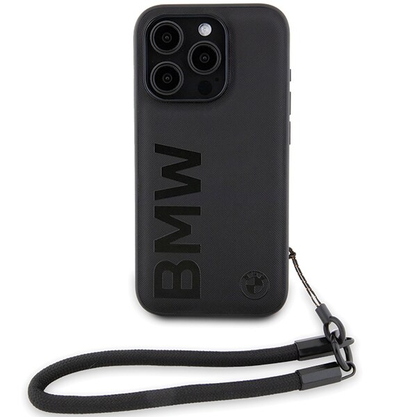 BMW Signature Leather Wordmark Cord-etui til iPhone 15 Pro - sort
