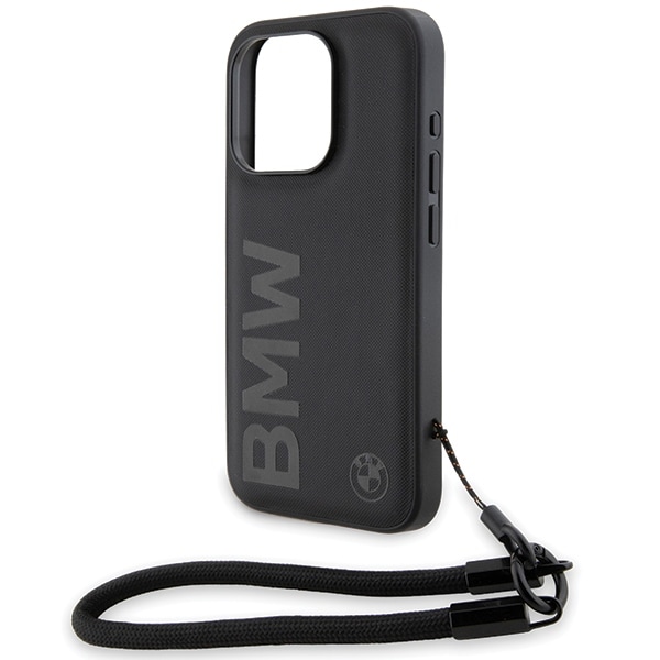 BMW Signature Leather Wordmark Cord-etui til iPhone 15 Pro - sort