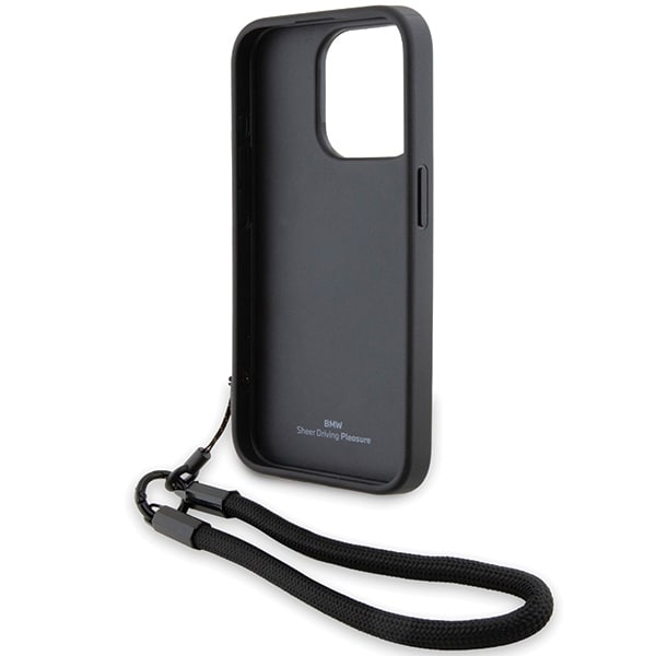 BMW Signature Leather Wordmark Cord-etui til iPhone 15 Pro - sort