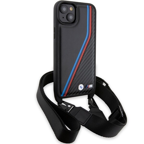 BMW M Edition Carbon Tricolor Lines & Strap-etui til iPhone 15 Plus / 14 Plus - sort