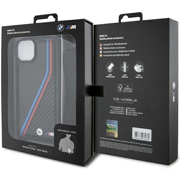 BMW M Edition Carbon Tricolor Lines & Strap-etui til iPhone 15 Plus / 14 Plus - sort