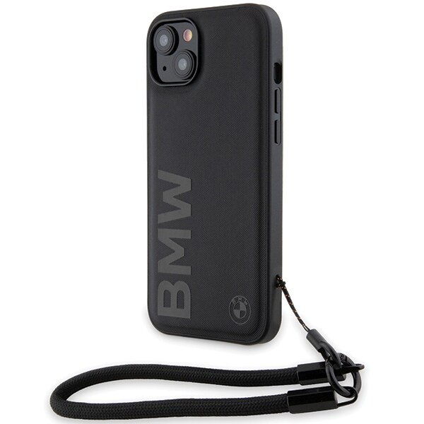 BMW Signature Leather Wordmark Cord-etui til iPhone 15 Plus / 14 Plus - sort
