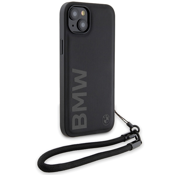 BMW Signature Leather Wordmark Cord-etui til iPhone 15 Plus / 14 Plus - sort