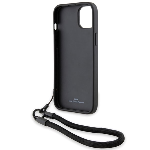 BMW Signature Leather Wordmark Cord-etui til iPhone 15 Plus / 14 Plus - sort