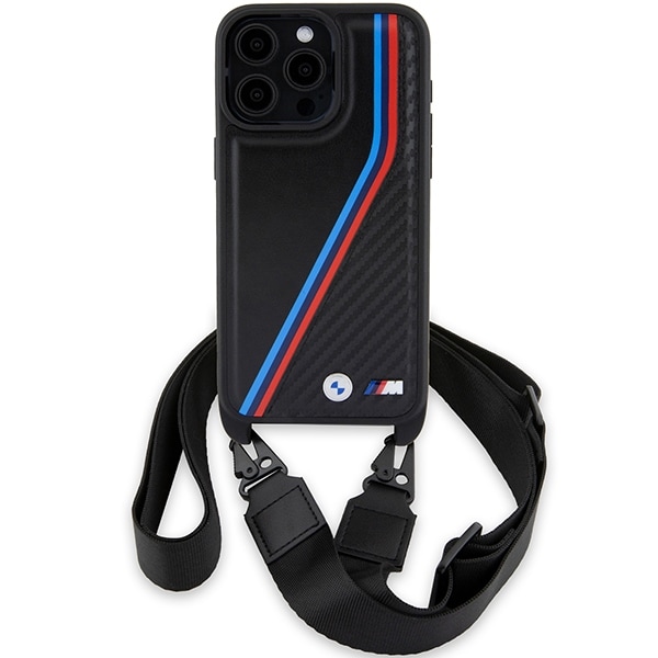 BMW M Edition Carbon Tricolor Lines & Strap-etui til iPhone 15 Pro Max - sort