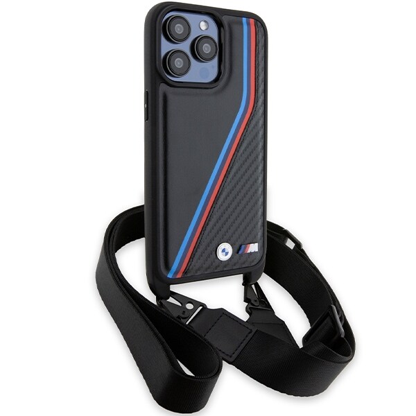 BMW M Edition Carbon Tricolor Lines & Strap-etui til iPhone 15 Pro Max - sort