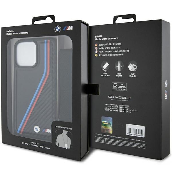 BMW M Edition Carbon Tricolor Lines & Strap-etui til iPhone 15 Pro Max - sort