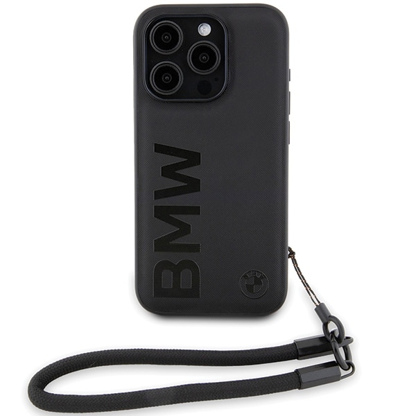 BMW Signature Leather Wordmark Cord-etui til iPhone 15 Pro Max - sort