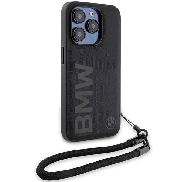 BMW Signature Leather Wordmark Cord-etui til iPhone 15 Pro Max - sort
