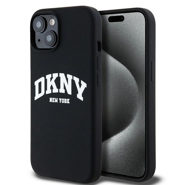 DKNY Liquid Silicone White Printed Logo MagSafe-etui til iPhone 14 / 15 / 13 - Sort