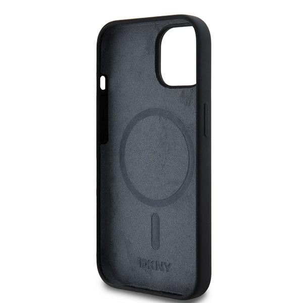 DKNY Liquid Silicone White Printed Logo MagSafe-etui til iPhone 14 / 15 / 13 - Sort