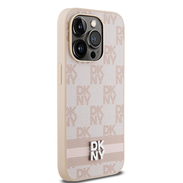 DKNY læderetui med ternet ensfarvet mønster og trykte striber til iPhone 14 Pro - pink