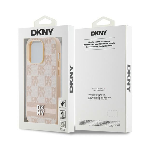 DKNY læderetui med ternet ensfarvet mønster og trykte striber til iPhone 14 Pro - pink