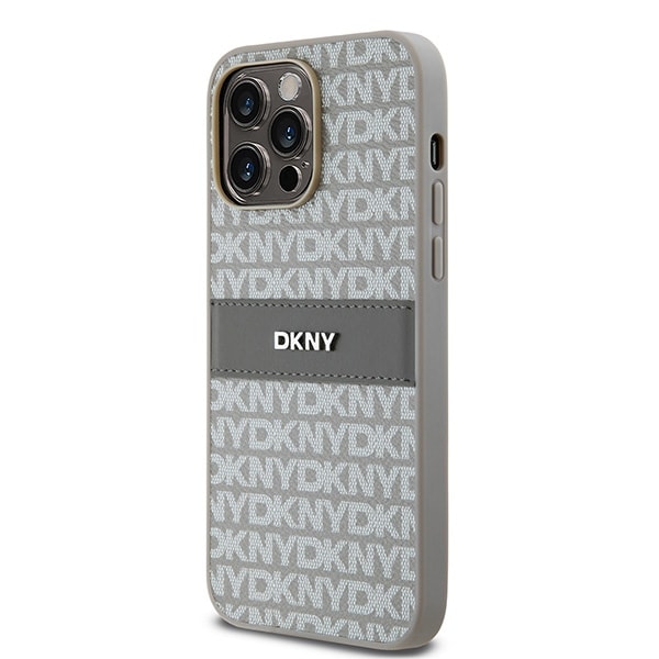 DKNY læderetui med monostribe og metallogo til iPhone 14 Pro - beige