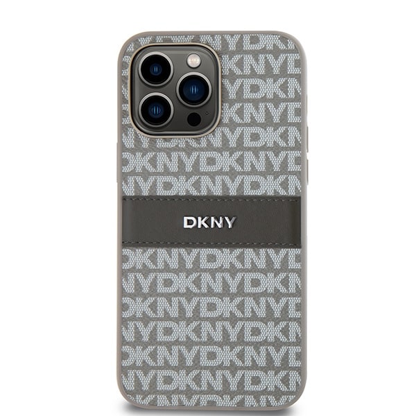 DKNY læderetui med monostribe og metallogo til iPhone 14 Pro - beige