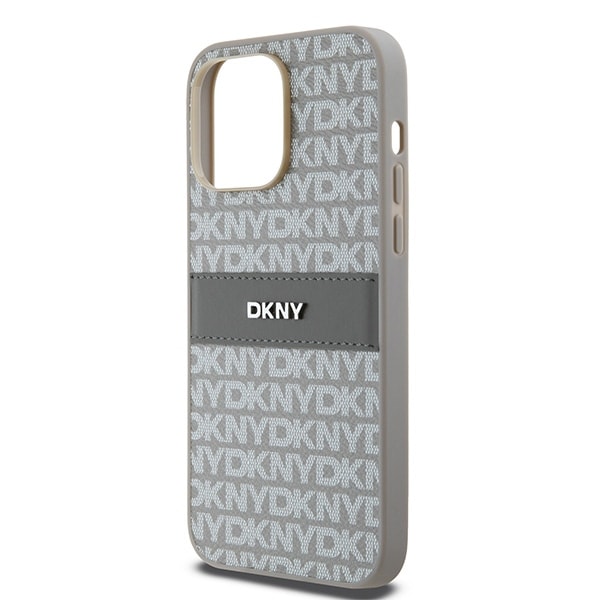 DKNY læderetui med monostribe og metallogo til iPhone 14 Pro - beige