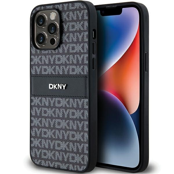 DKNY læderetui med monostribe og metallogo til iPhone 14 Pro - sort