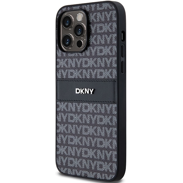 DKNY læderetui med monostribe og metallogo til iPhone 14 Pro - sort