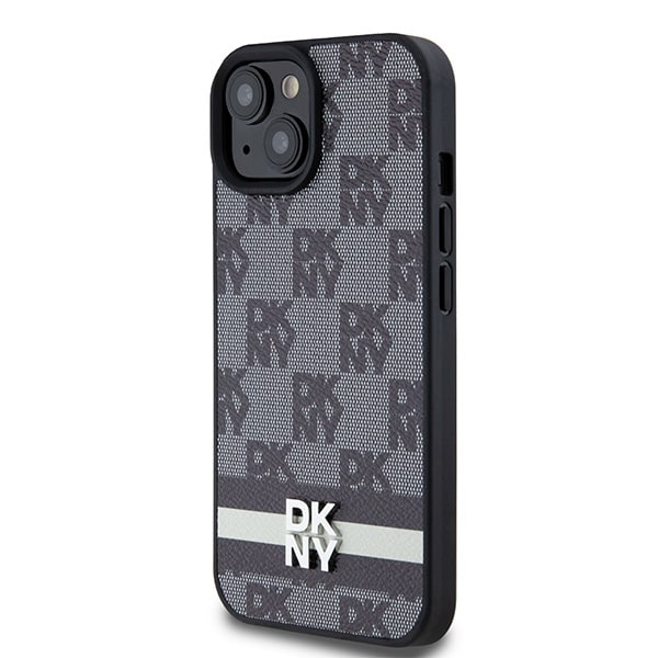 DKNY ternet læderetui med ensfarvet mønster og trykte striber til iPhone 15/14/13 - Sort