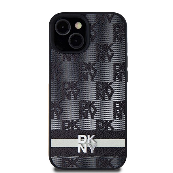 DKNY ternet læderetui med ensfarvet mønster og trykte striber til iPhone 15/14/13 - Sort